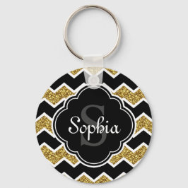 Black White Gold Glitter Chevron Pattern Sleutelhanger