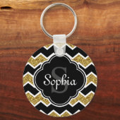 Black White Gold Glitter Chevron Pattern Sleutelhanger (Voorkant)