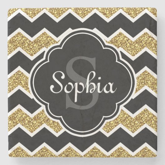 Black White Gold Glitter Chevron Pattern Stenen Onderzetter (Voorkant)