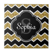 Black White Gold Glitter Chevron Pattern Tegeltje (Voorkant)
