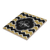 Black White Gold Glitter Chevron Pattern Tegeltje (Zijkant)