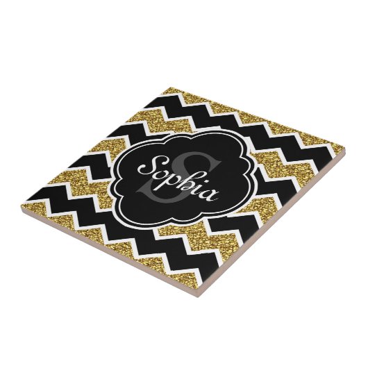 Black White Gold Glitter Chevron Pattern Tegeltje (Zijkant)