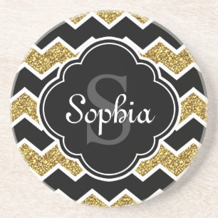 Black White Gold Glitter Chevron Pattern Zandsteen Onderzetter