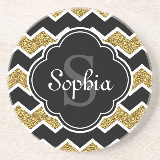 Black White Gold Glitter Chevron Pattern Zandsteen Onderzetter (Voorkant)