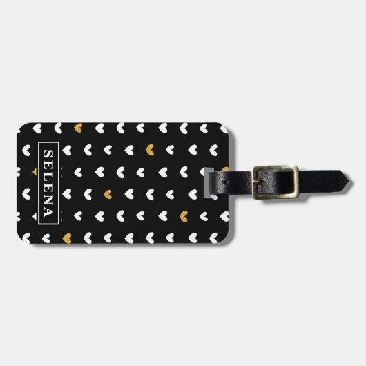 Black White Gold Heart Pattern met aangepaste naam Bagagelabel (Voorkant horizontaal)