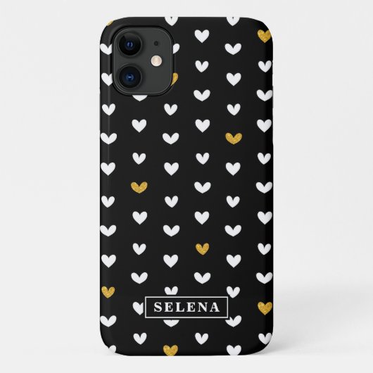 Black White Gold Heart Pattern met aangepaste naam Case-Mate iPhone Case (Achterkant)
