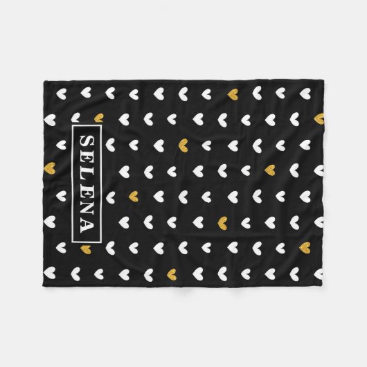 Black White Gold Heart Pattern met aangepaste naam Fleece Deken (Voorkant (Horizontaal))