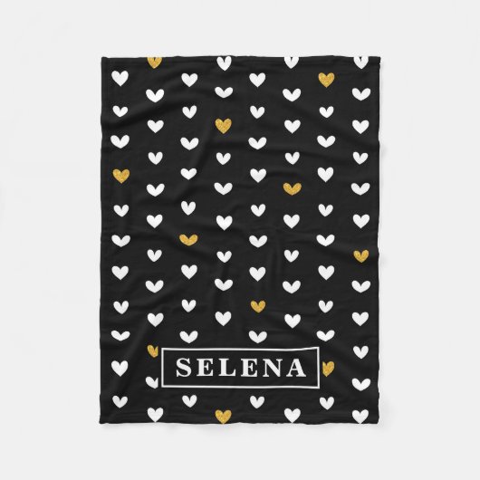 Black White Gold Heart Pattern met aangepaste naam Fleece Deken (Voorkant)