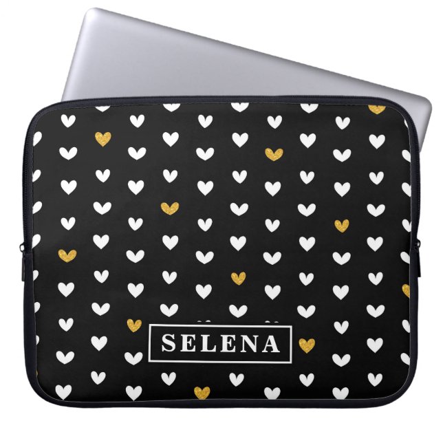 Black White Gold Heart Pattern met aangepaste naam Laptop Sleeve (Voorkant)