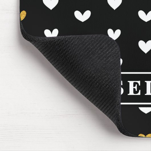 Black White Gold Heart Pattern met aangepaste naam Muismat (Hoek)