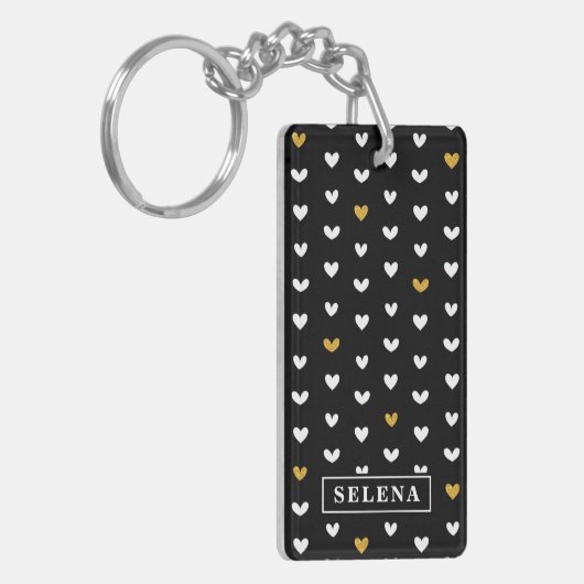 Black White Gold Heart Pattern met aangepaste naam Sleutelhanger (Voorkant Links)