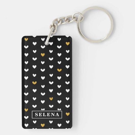Black White Gold Heart Pattern met aangepaste naam Sleutelhanger (achterkant)