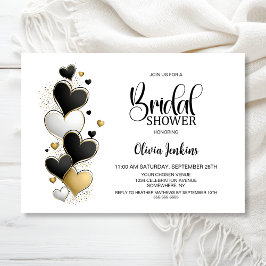 Black White Gold Hearts Bridal Shower Kaart