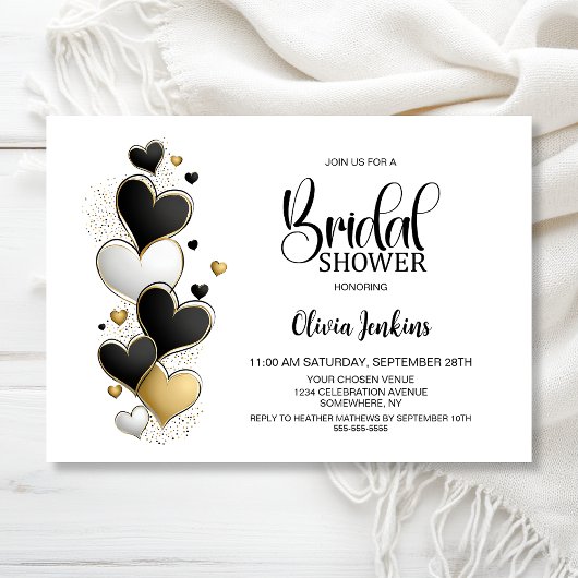 Black White Gold Hearts Bridal Shower Kaart