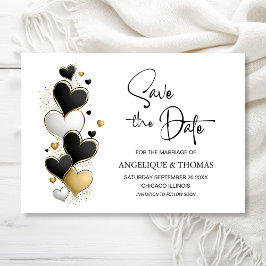 Black White Gold Hearts Wedding Save the Date