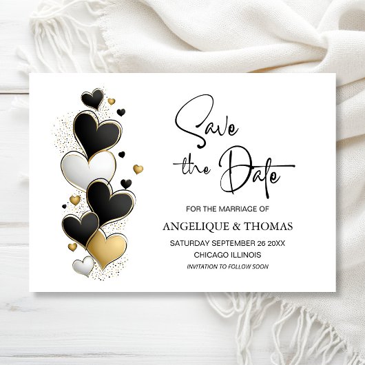 Black White Gold Hearts Wedding Save the Date