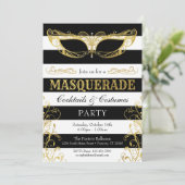 Black White & Gold Masquerade Mask Costume Party Kaart (Staand voorkant)