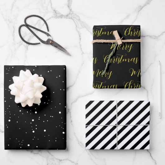 Black White Gold Merry Christmas Mix Inpakpapier Vel (Voorkant)
