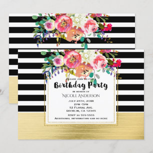 Black White Gold Modern Floral Glam Birthday Party Kaart