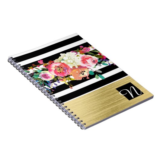 Black White Gold Modern Floral Glam Elegant Chic Notitieboek (Rechterzijde)