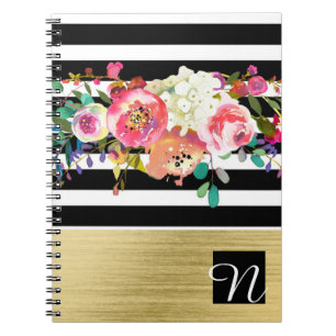 Black White Gold Modern Floral Glam Elegant Chic Notitieboek
