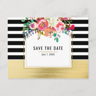Black White Gold Modern Floral Glam Save the Date Aankondigingskaart