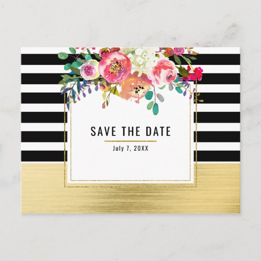 Black White Gold Modern Floral Glam Save the Date Aankondigingskaart (Voorkant)