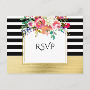 Black White Gold Modern Floral Glam Wedding RSVP Uitnodiging Briefkaart