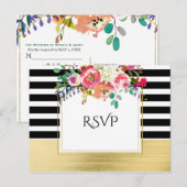 Black White Gold Modern Floral Glam Wedding RSVP Uitnodiging Briefkaart (Voorkant / Achterkant)