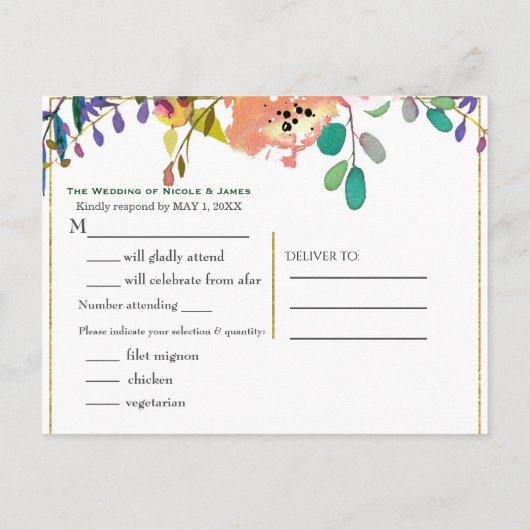 Black White Gold Modern Floral Glam Wedding RSVP Uitnodiging Briefkaart (Achterkant)
