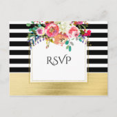 Black White Gold Modern Floral Glam Wedding RSVP Uitnodiging Briefkaart (Voorkant)