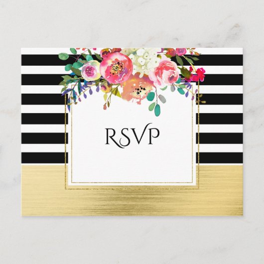 Black White Gold Modern Floral Glam Wedding RSVP Uitnodiging Briefkaart (Voorkant)