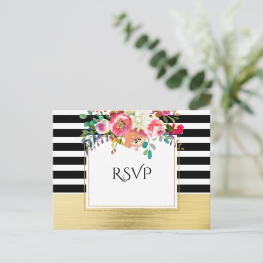 Black White Gold Modern Floral Glam Wedding RSVP Uitnodiging Briefkaart (Staand voorkant)