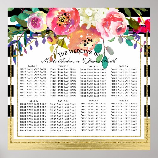 Black White Gold Modern Floral Wedding Seat Chart Poster (Voorkant)