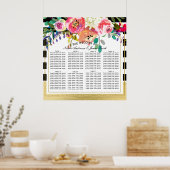 Black White Gold Modern Floral Wedding Seat Chart Poster (Keuken)