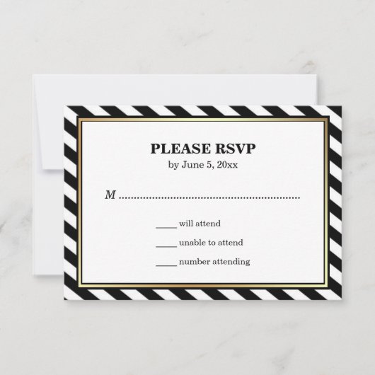 Black White Gold Modern Glam Stripes Weddenschap R RSVP Kaartje (Voorkant)
