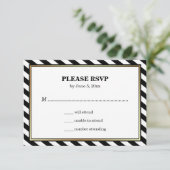 Black White Gold Modern Glam Stripes Weddenschap R RSVP Kaartje (Staand voorkant)
