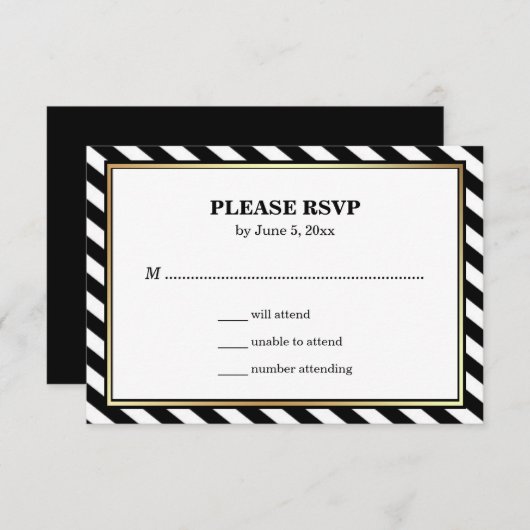Black White Gold Modern Glam Stripes Weddenschap R RSVP Kaartje (Voorkant / Achterkant)