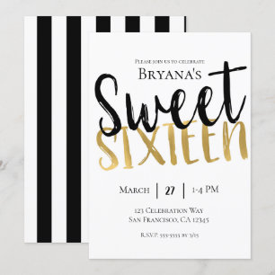 Black White Gold Modern Sweet 16 SIXTEEN Party Kaart