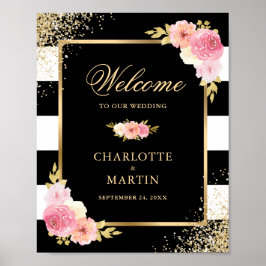 Black White Gold Pink Floral Wedal Welcome Sign Poster