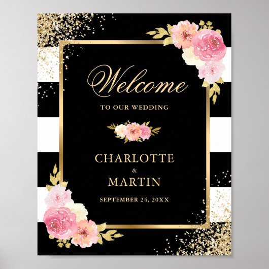 Black White Gold Pink Floral Wedal Welcome Sign Poster (Voorkant)