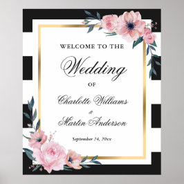 Black White Gold Pink Floral Wedal Welcome Sign Poster
