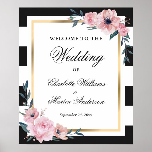 Black White Gold Pink Floral Wedal Welcome Sign Poster (Voorkant)