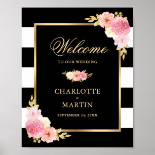 Black White Gold Pink Floral Wedal Welcome Sign Poster