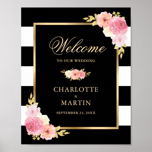 Black White Gold Pink Floral Wedal Welcome Sign Poster (Voorkant)