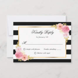 Black White Gold Pink Waterverf Floral Wedding RSVP Kaartje