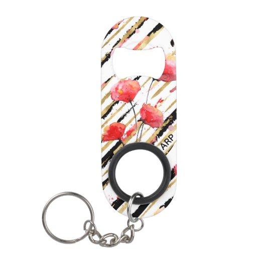 *~* Black White Gold Red Poppy Pattern Mini Flessenopener (Voorkant)