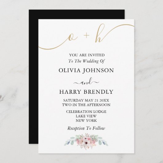 Black White Gold Rustic Eucalyptus Wedding Invite Kaart (Voorkant / Achterkant)
