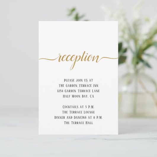 Black White Gold Script Minimal Wedding Reception Informatiekaartje (Staand voorkant)