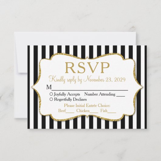 Black White Gold Stripe RSVP Wedding Response Meal Kaartje (Voorkant)